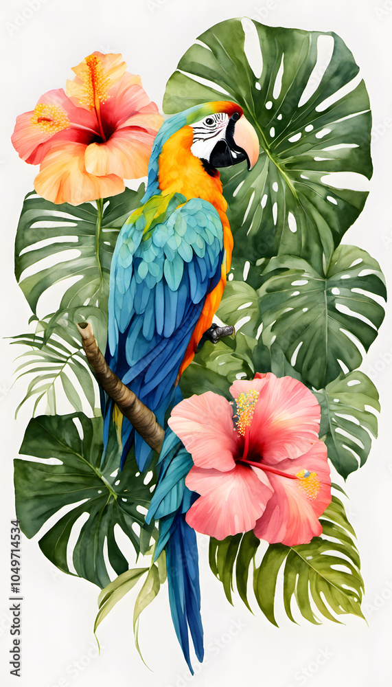 Obraz premium A vibrant watercolor painting of a blue and yellow parrot perched on a branch, surrounded by large tropical leaves and red hibiscus flowers.