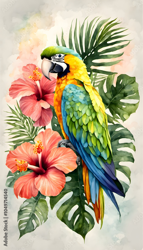 Obraz premium A vibrant watercolor painting of a blue and yellow parrot perched on a branch, surrounded by large tropical leaves and red hibiscus flowers.