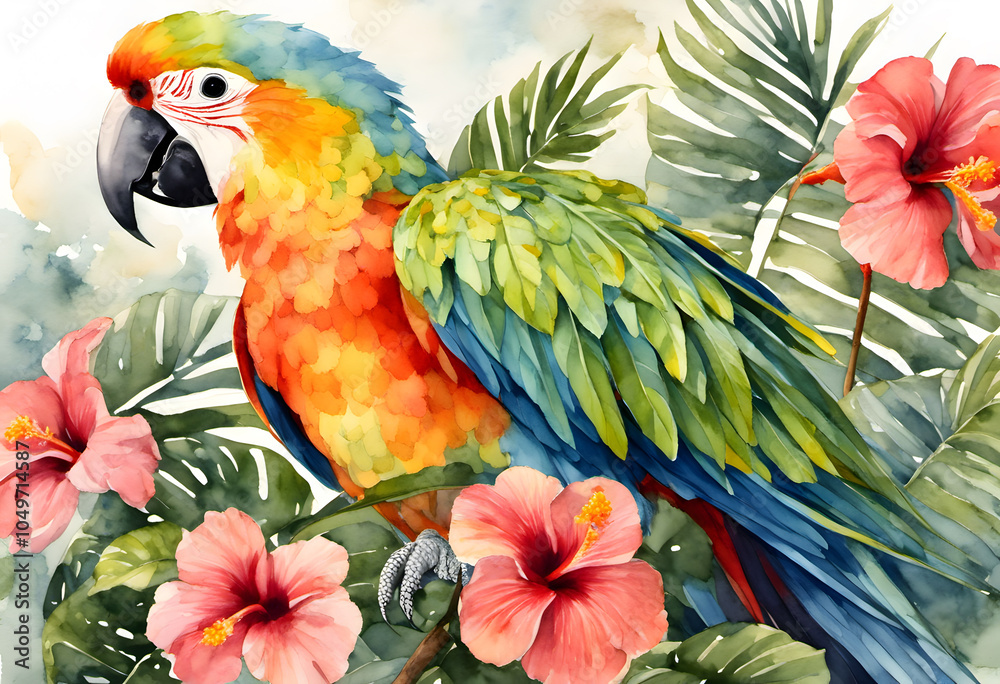 Obraz premium A vibrant watercolor painting of a blue and yellow parrot perched on a branch, surrounded by large tropical leaves and red hibiscus flowers.