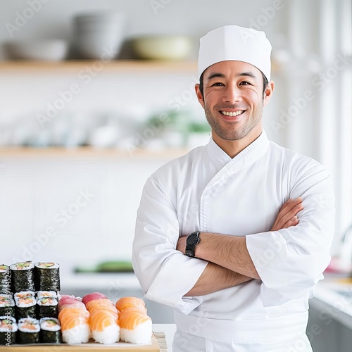 Sushi chef, bright kitchen photo