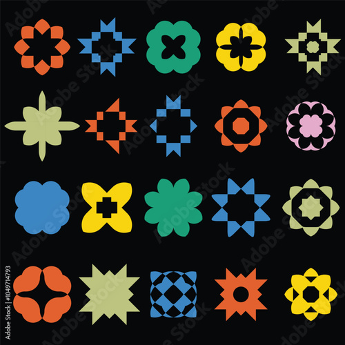 Collection of simple abstract geometric vector shapes. Spectrum of bold colors. Vibrant designs. Spiral flower and other primitive elements