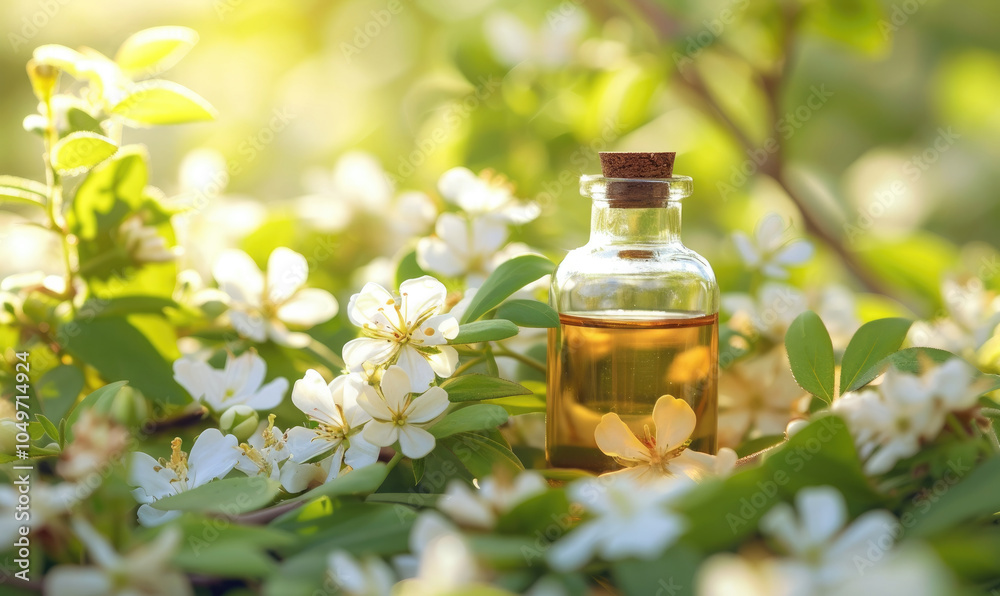 Glass bottle with essential oil among the jasmin blossoms Glass bottle with essential oil among the jasmin blossoms