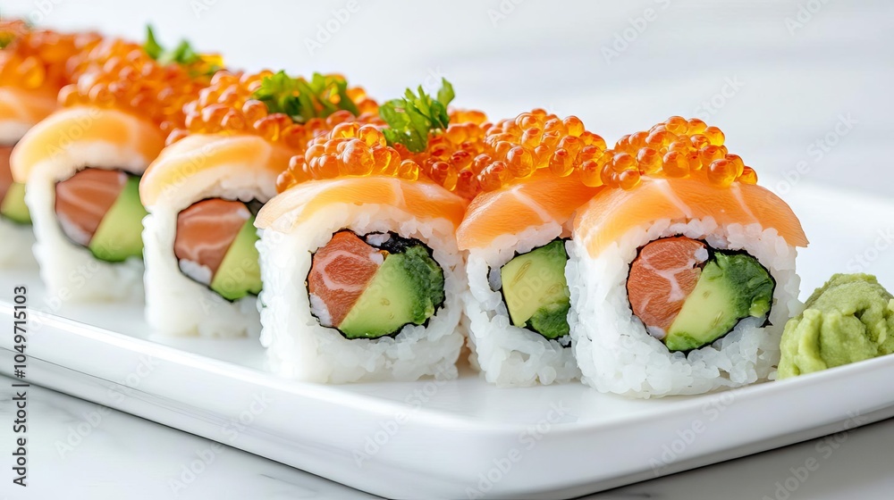 Sushi platter with roe, avocado, elegant presentation, white plate Sushi platter with roe, avocado, elegant presentation, white plate