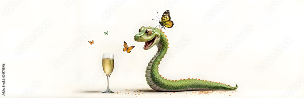 Fototapeta premium Whimsical dragon with butterflies and champagne glass on cream background