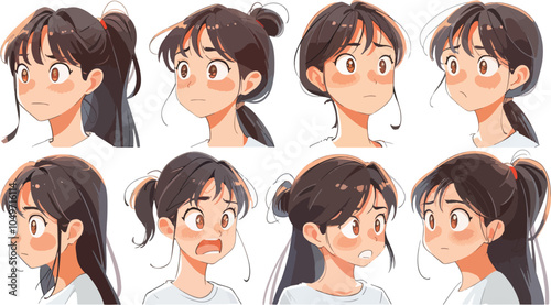 Anime girl character facial expression set manga style illustration design for sticker card poster video game website banner flyer brochure cartoon hand drawn cute teenager female emotions pack art