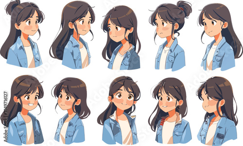 Anime Girl Character Design Sheet Multiple Expressions Hand Drawn Style Blue Jacket Teenager Manga Illustration Concept Art Cartoon Digital Drawing Avatar Portrait Emotions Set Happy Sad Angry
