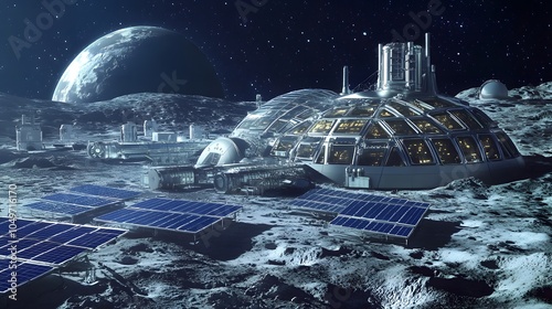 A futuristic lunar base with solar panels and advanced technology photo