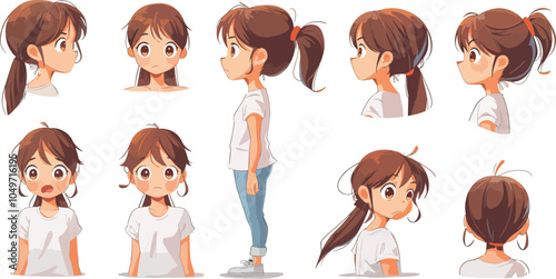 Anime girl character model sheet different views emotions poses expressions cartoon vector illustration set isolated on white background