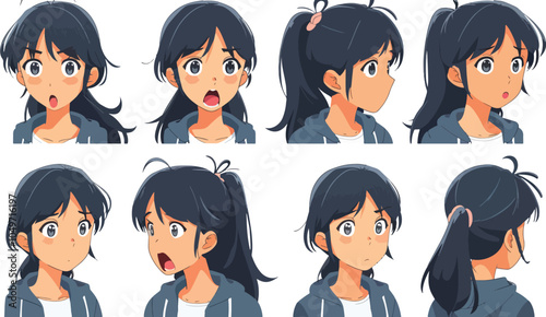 Anime Girl Character Design Concept Art Different Facial Expressions Side View Poses Casual Wear Hoodie Blue Hair Illustration Emotions Drawings References Avatar Icon Set Profile Picture Clipart