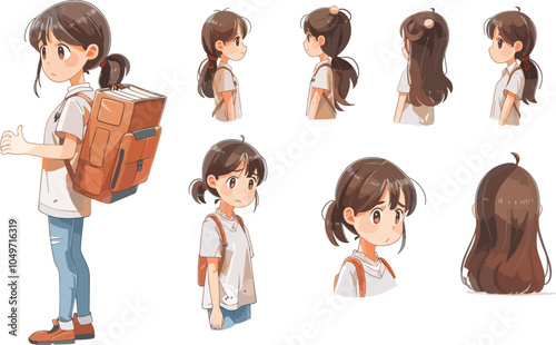 Cute Anime Schoolgirl Character Design with Multiple Views and Expressions Back to School Student Illustration Set for Education Manga and Design Projects