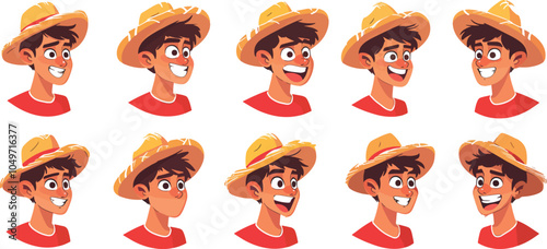 Young Farmer Character With Different Facial Expressions Straw Hat Agriculture Farming Cartoon Illustration Icon Set Avatar Collection Expression Happy Sad Angry Excited Surprised Facial Expression