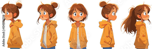 Cute Cartoon Girl Character Different Poses Collection Anime Style Illustration Casual Teenage Fashion Concept Isolated White Background