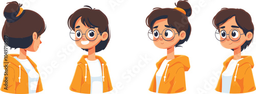 Young woman character portrait with glasses front side view profile avatar cartoon vector illustration design animation teenager girl person happy female cute people face human youth portrait