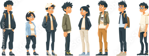 Diverse group of young people wearing stylish casual clothes youth culture fashion concept men and women full length different characters set street style generation z flat cartoon vector