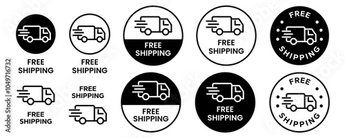 Free delivery icons set. Free shipping label, express delivery badge, fast delivery logo, logistic, courier parcel shipment cargo. Free Delivery truck, van, car, motorcycle, bicycle, scooter icon.