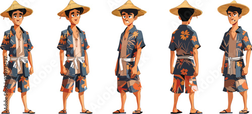 Young man character design tropical outfit Asian conical straw hat multiple views character animation poses traveler explorer tourism vacation holiday