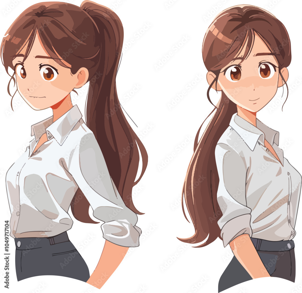 Confident businesswoman anime style illustration set brown hair ponytail white shirt office worker professional avatar design concept art isolated white background side view standing pose Confident businesswoman anime style illustration set brown hair ponytail white shirt office worker professional avatar design concept art isolated white background side view standing pose