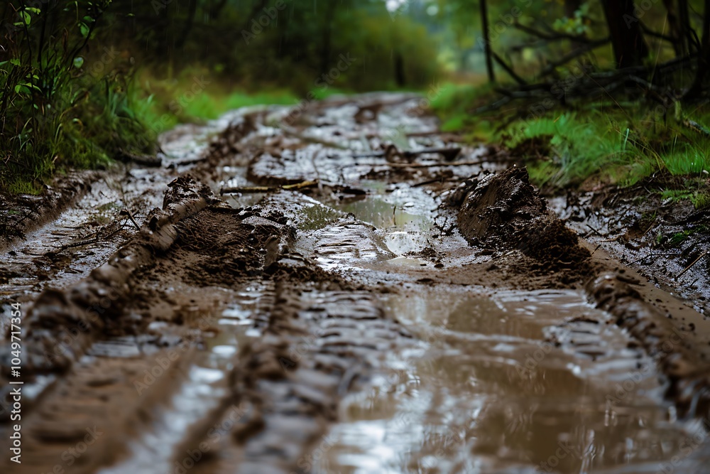 Fototapeta premium Dirt road in the forest after rain