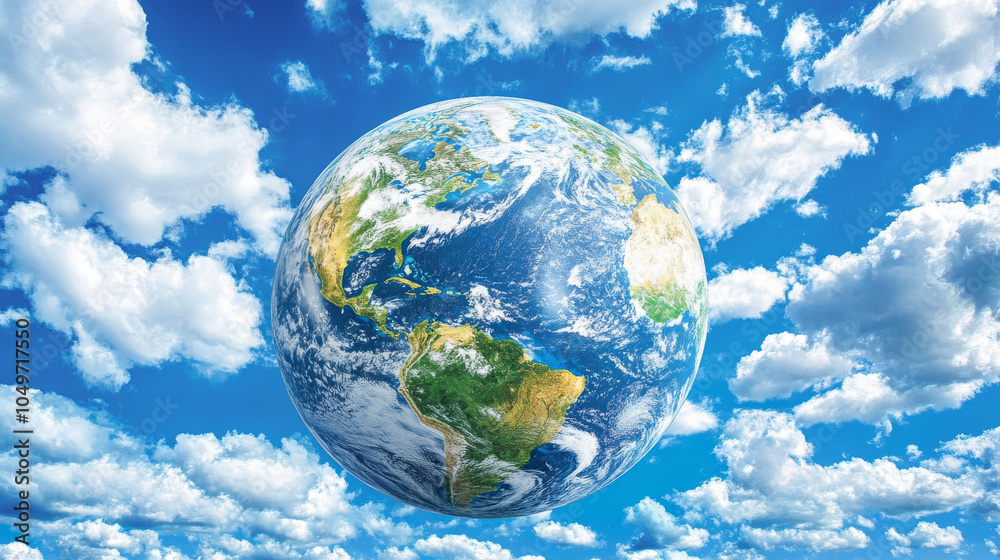 Naklejka premium A globe showing the Earth's landforms with clouds in the sky.