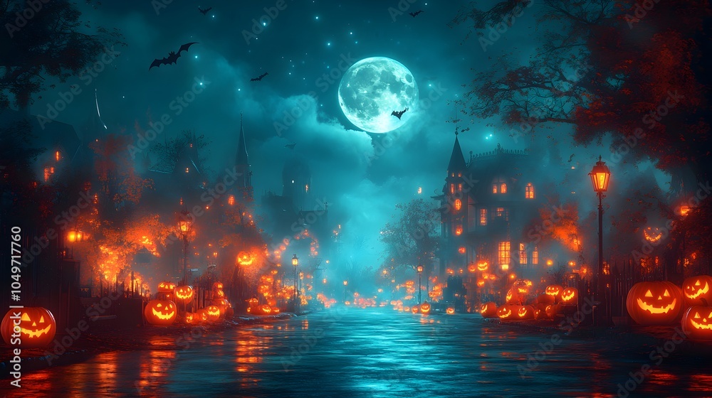 Obraz premium Haunting Halloween Night Scene with Glowing City Pumpkins and Reflections in Water