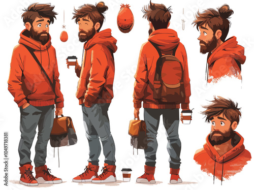 Young man character design front side back view emotions set happy hipster boy casual clothes smartphone coffee cup modern lifestyle millennial concept isolated illustration