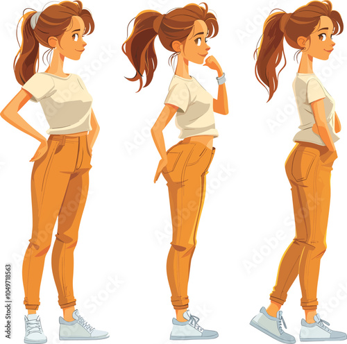 Young woman character design in different poses front view side view back view casual outfit fashion illustration for avatar website design animation isolated on white background