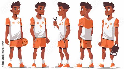 Young African American basketball player character set with different poses and equipment like basketball and tactic board for animation or design needs