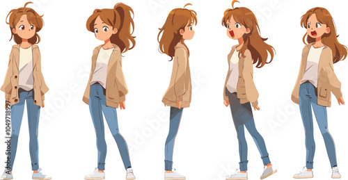 Young woman character design set various views poses emotions expressions body language collection stylish outfit modern casual clothing animation character sheet flat vector illustration isolated