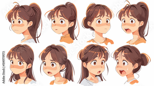 Anime girl with brown hair facial expressions set anime manga style illustration with surprised happy sad shocked mood drawing