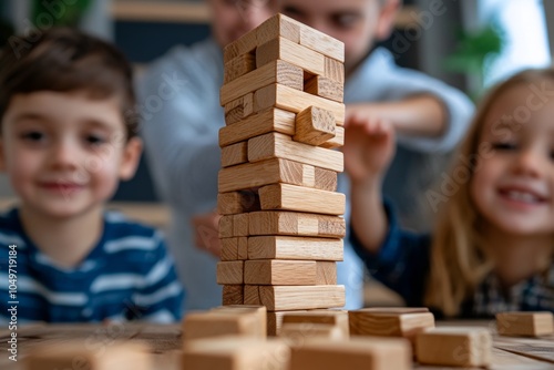 A family playing Jenga, each person taking their turn pulling out blocks carefully as the tower wobbles photo