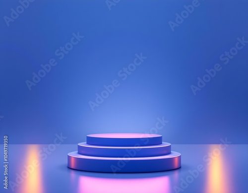 Abstract realistic 3d blue cylinder pedestal podium with a dark blue abstract room with semi circle glowing neon lighting scene. Rendering product display presentation. Round podium background. photo