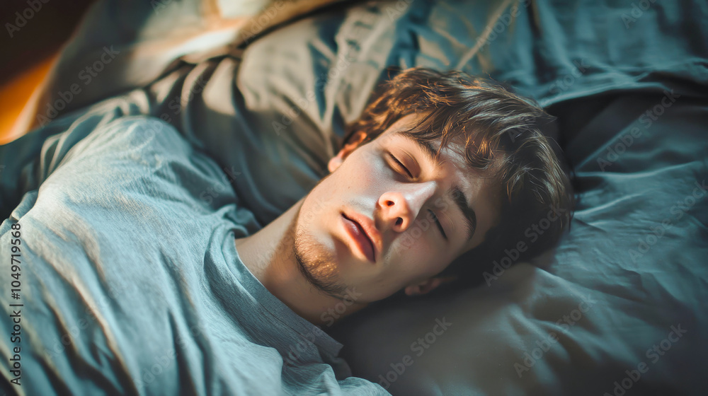 Young man lying in bed, looking unwell and exhausted, wrapped in soft blankets during a quiet morning at home while fighting off a cold Young man lying in bed, looking unwell and exhausted, wrapped in soft blankets during a quiet morning at home while fighting off a cold