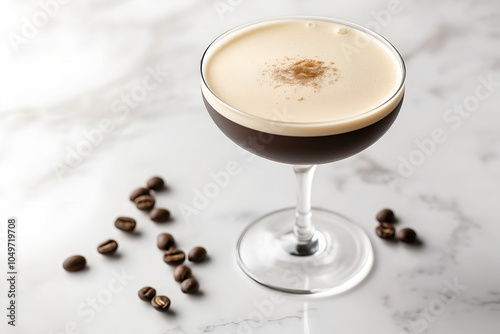 Espresso martini with coffee beans scattered around, presented in a sleek glass with a creamy foam top, Cocktail photography
