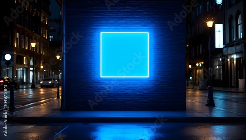 Neon Square on a Brick Wall, glowing pink neon square against a dark brick background. Illuminated blue neon light shining on a brick wall at night in a vibrant setting. blue neon light on a brick wal photo