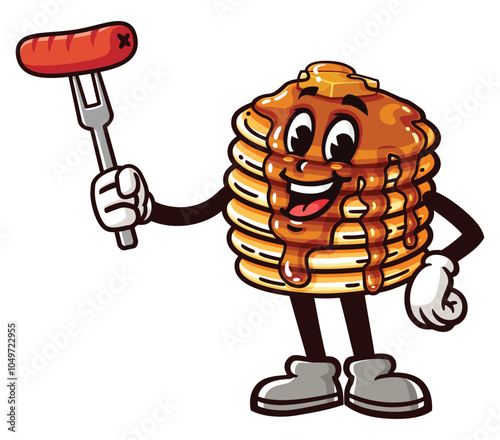 Pancake with Sausage, Cartoon Mascot Illustration Character Vector Clip-art Hand-drawn Logo Design