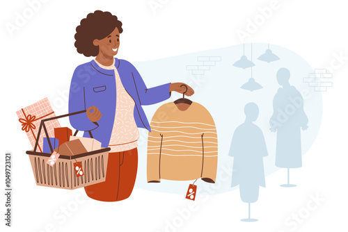 Shopping, seasonal sale. Happy black ethnic woman with gift in shopping cart buys fashionable sweater near brick wall with female mannequins in dress. Vector illustration. Holiday female shopper.