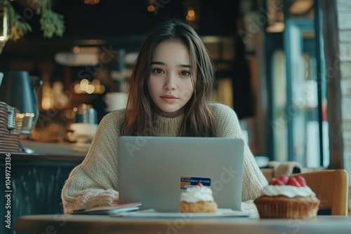 Young Woman Working in Cozy Cafe Setting photo