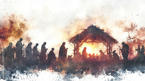 Abstract watercolor representation of the nativity with Mary, Joseph, and baby Jesus surrounded by shepherds in a vintage style