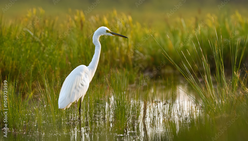 Fototapeta premium Great Egret Standing in Calm Marsh Waters 
