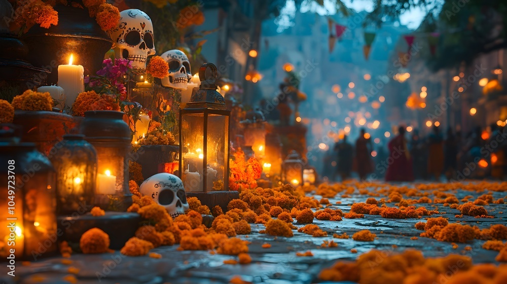 Obraz premium Vibrant Dia de los Muertos Altar with Skulls Candles and Marigold Flowers