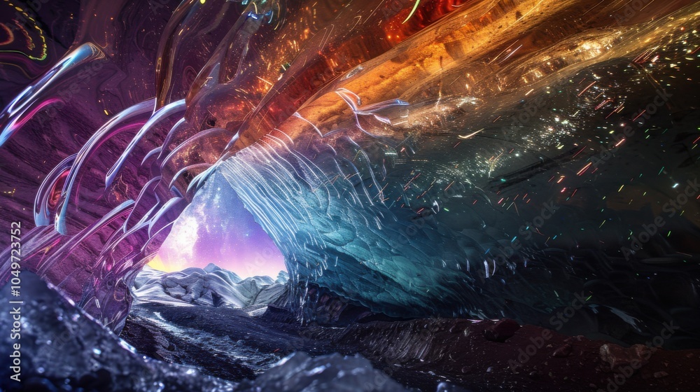 Fototapeta premium A captivating view of a remote glacier cave with shimmering, multi-hued ice walls and a rare, bright meteor shower streaking across the star-filled sky