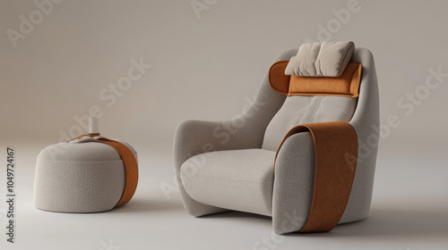 A comfortable armchair with a built-in armrest that doubles as a belt. photo