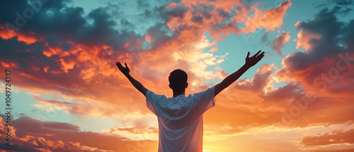 A man raises his arms in worship against a stunning sunset sky, capturing a moment of freedom and spiritual connection during twilight