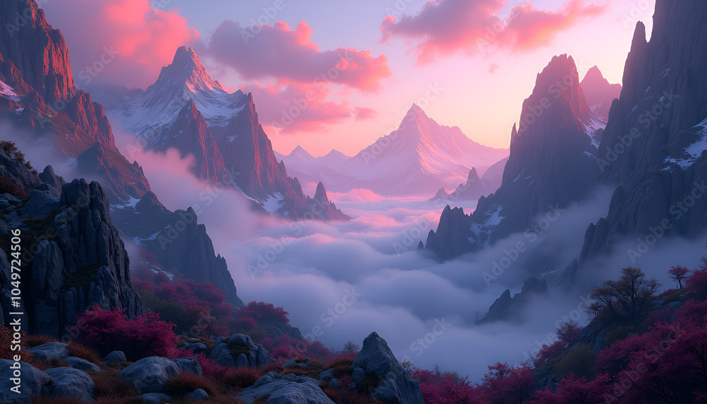 Obraz premium Majestic mountain landscape at sunset with clouds and vibrant foliage
