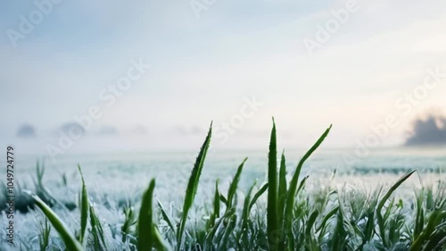 Close-up of frosted grass blades in a calm, early morning landscape, creating a serene winter atmosphere created with generative ai