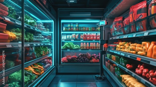 A futuristic grocery store, where robots stock shelves and customers shop using AR glasses photo