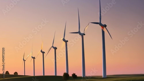 A serene landscape showcasing tall wind turbines along rolling green hills at sunset, evoking a sense of sustainability and harmony with nature created with generative ai
