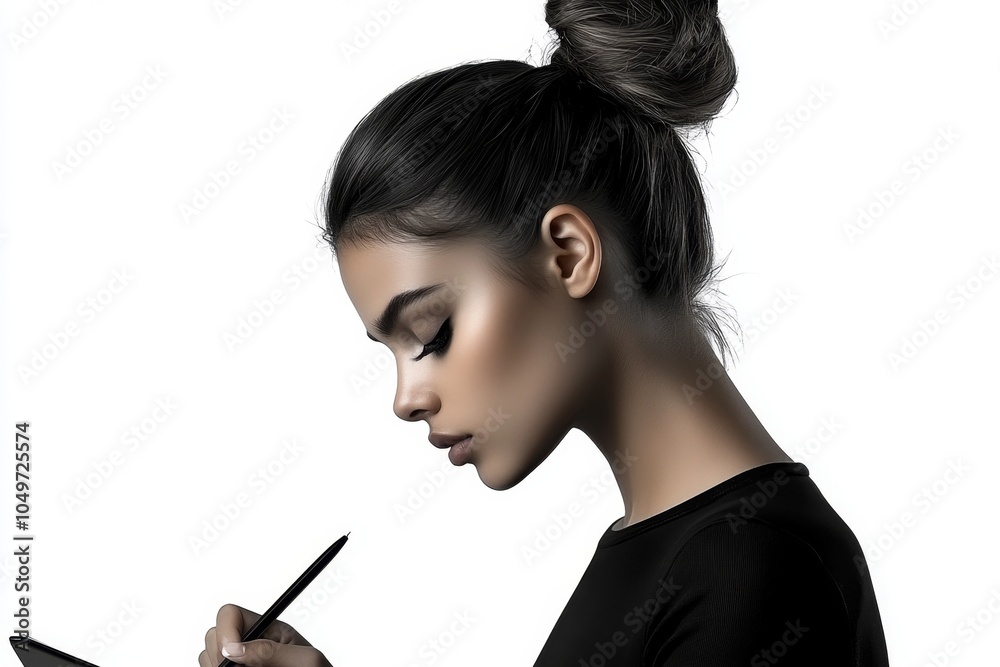 Obraz premium A minimalist sketch of a person taking notes during a presentation, their head slightly bowed as they write