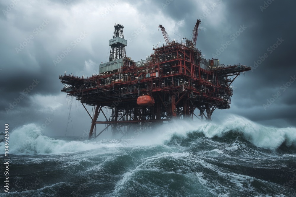 Shady Oil Rig Dramatic oil rig standing tall amid fierce ocean waves. The sky shows ...