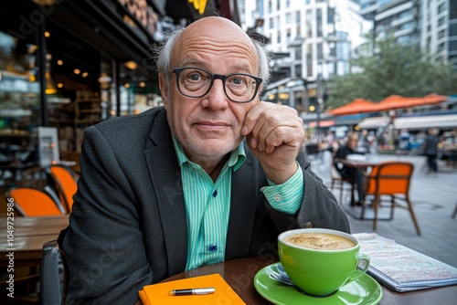 A novelist taking notes in a quiet cafÃ©, surrounded by books and inspiration, jotting down ideas in a leather-bound notebook photo